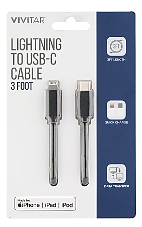 Vivitar Lightning To USB-C Cable, 3', Black, NIL3003-BLK-STK-24