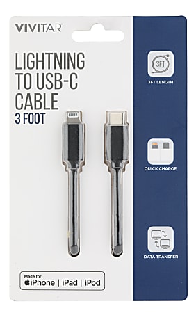 Vivitar Lightning To USB-C Cable, 3&#x27;, Black,