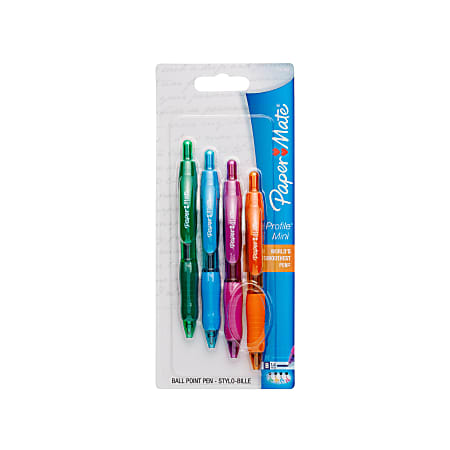 Paper Mate® Profile™ Mini Retractable Ballpoint Pens, Bold Point, 1.4 mm, Translucent Barrel, Assorted Ink Colors, Pack Of 4