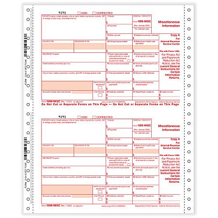 ComplyRight® 1099-MISC Continuous Tax Forms, 5-Part, 2-Up, Copies A/1/B/2/C, Continuous, 9" x 11", Pack Of 25 Form Sets