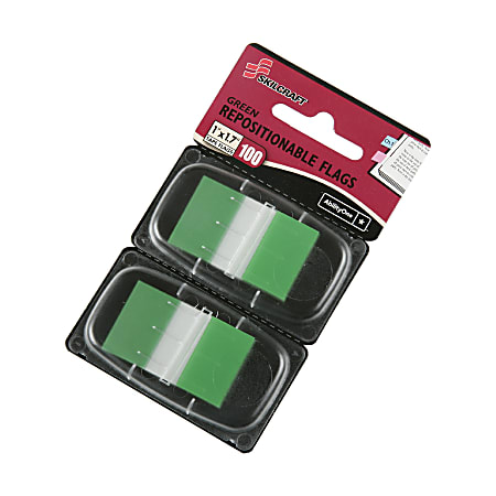 SKILCRAFT® 70% Recycled Color Self-Stick Flags, 1" x 1 3/4", Green, 50 Flags Per Pad, Pack Of 2 (AbilityOne 7510-01-315-2020)