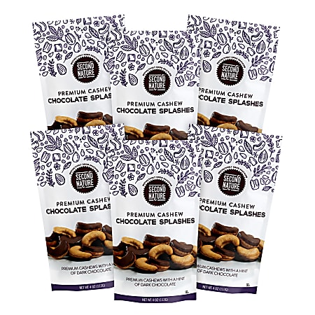 Second Nature Premium Chocolate Splashes, Cashew, 4 Oz, Pack Of 6 Bags