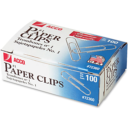 ACCO® Premium Paper Clips, No. 1, 10-Sheet Capacity, Silver, Box Of 1,000 Clips