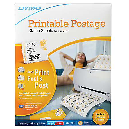 DYMO® Printable Postage, 1750042, 24 Stamps Per Sheet, Pack Of 8 Sheets