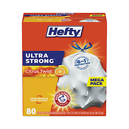 Hefty® Ultra Strong Scented Tall White Kitchen Bags Extra Heavy-Duty, Drawstring, 13 gal, Citrus Twist, 23.75" x 24.88", White, 80/Box