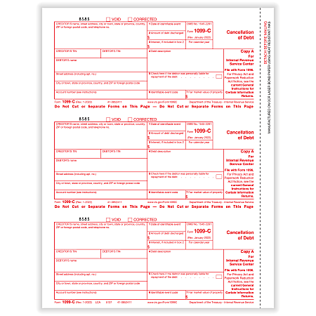 ComplyRight® 1099-C Tax Forms, 3-Up, Federal Copy A, Laser, 8-1/2" x 11", Pack Of 150 Forms