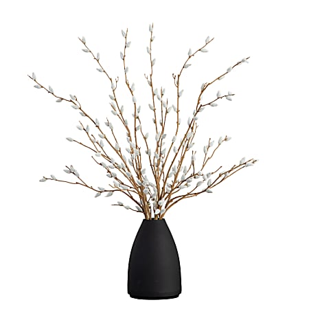 Nearly Natural 28”H Artificial Pussy Willow Arrangement With Modern Metal Vase, 28”H x 19”W x 19”D, White/Black