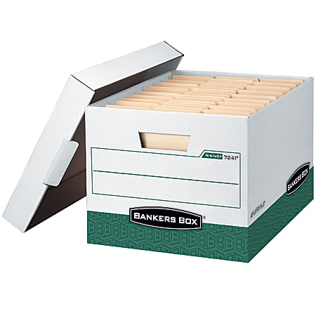 Bankers Box® R Kive® Heavy-Duty Storage Boxes With Locking Lift-Off Lids And Built-In Handles, Letter/Legal Size, 15" x 12" x 10", 60% Recycled, White/Green, Case Of 12