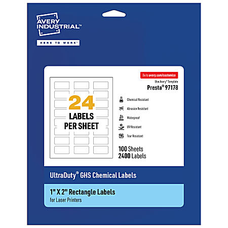 Avery® Ultra Duty® Permanent GHS Chemical Labels, 97178-WMU100, Rectangle, 1" x 2", White, Pack Of 2,400