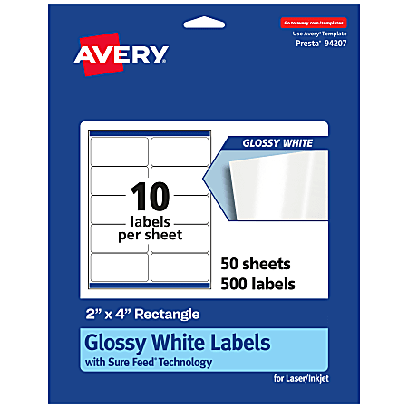 Avery® Glossy Permanent Labels With Sure Feed®, 94207-WGP50, Rectangle, 2" x 4", White, Pack Of 500