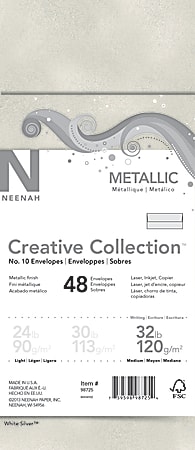 Neenah® Creative Collection™ #10 Envelopes, Gummed Seal, 32 Lb, Metallic, White Silver™, Pack Of 48