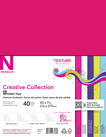 Neenah® Creative Collection™ Textured Paper, Letter Size (8 1/2" x 11"), 80 Lb, Assorted Bright Colors, Pack Of 40 Sheets