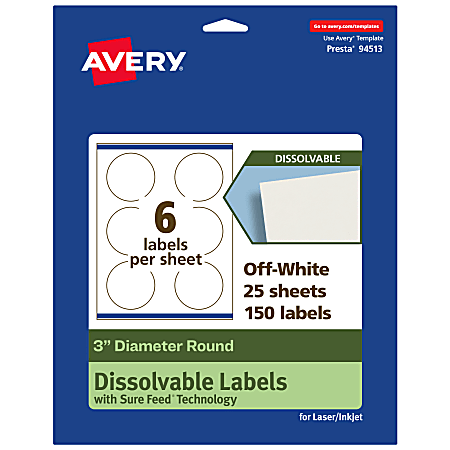 Avery&reg; Print-to-the-Edge Dissolvable Labels With Sure Feed&reg; Technology, 94513-DWMP25, Round, 3", Matte Off-White, Pack Of 150