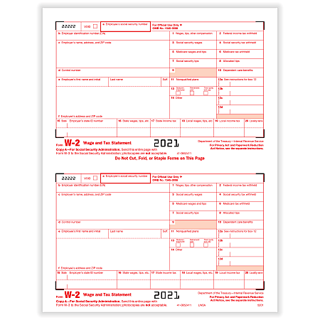 ComplyRight™ W-2 Tax Forms, 2-Up, IRS Federal Copy A, Laser, 8-1/2" x 11", Pack Of 4,000 Forms