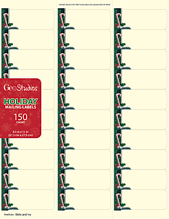 Geo Studios Holiday-Themed Mailing Labels, 49643, Rounded Corners, 1” x 2-11/16”, Bells & Ivy, Pack Of 150 Labels