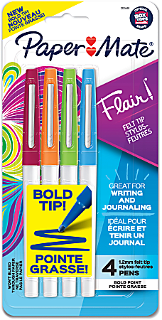 Paper Mate® Flair Porous Point Bold Tip Pens, 1.2 mm, White Barrel, Assorted Ink Colors, Pack Of 4 Pens