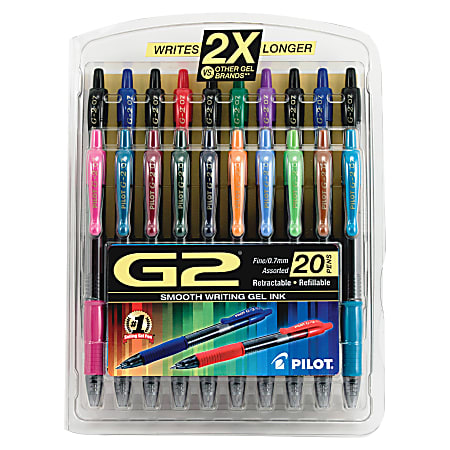 Pilot G2 Retractable Gel Ink Pens Fine Point 0.7 mm Clear Barrel Assorted  Ink Colors Pack Of 20 - Office Depot