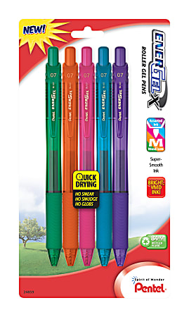 Pentel® EnerGel™ X Retractable Liquid Gel Pens, Medium Point, 0.7 mm, Assorted Barrel Colors, Assorted Ink Colors, Pack Of 5 Pens