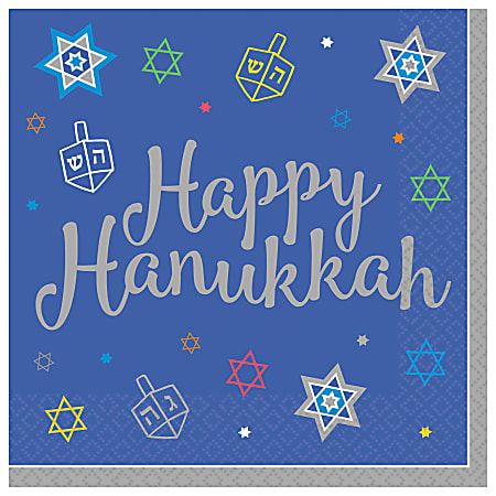 Amscan Hanukkah 8 Happy Nights 2-Ply Dinner Napkins, 7-1/2" x 7-1/2", Blue, Pack Of 72 Napkins