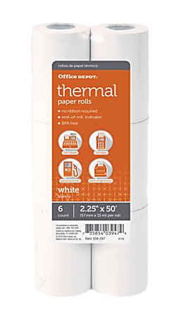 Office Depot® Brand Thermal Paper Rolls, 2-1/4" x 50', White, Pack Of 6