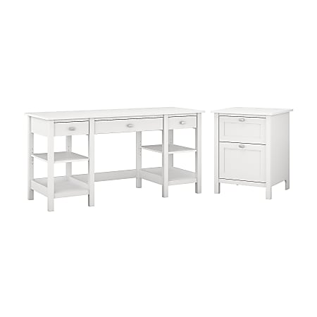 Bush Furniture Broadview 60"W Writing Desk With Storage Shelves And 2 Drawer File Cabinet, Pure White, Standard Delivery