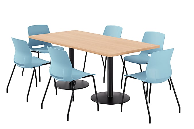 KFI Studios Proof Rectangle Pedestal Table With Imme Chairs, 31-3/4”H x 72”W x 36”D, Maple Top/Black Base/Sky Blue Chairs
