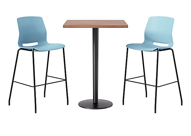 KFI Studios Proof Bistro Square Pedestal Table With Imme Bar Stools, Includes 2 Stools, 43-1/2”H x 30”W x 30”D, River Cherry Top/Black Base/Sky Blue Chairs