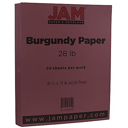 JAM Paper® Color Multi-Use Printer & Copy Paper, Burgundy, Letter (8.5" x 11"), 50 Sheets Per Pack, 28 Lb