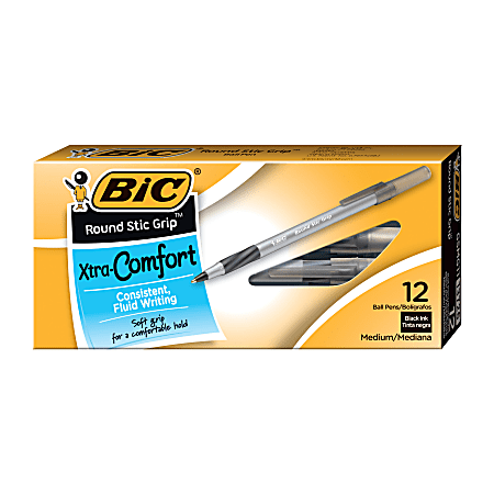BIC® Round Stic Grip™ Xtra-Comfort Ballpoint Pens, Fine Point, 0.8 mm, Gray Barrel, Black Ink, Pack Of 12