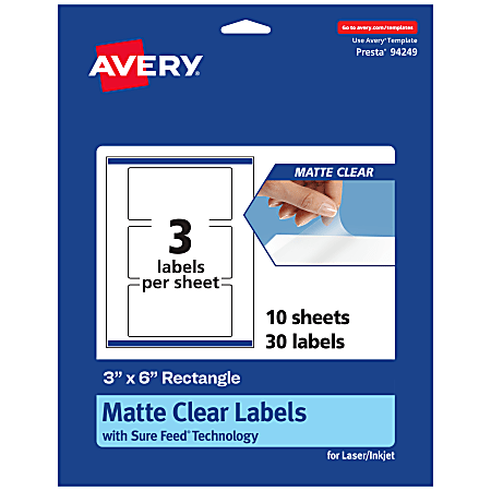 Avery® Permanent Labels With Sure Feed®, 94249-CMF10, Rectangle, 3" x 6", Matte Clear, Pack Of 30