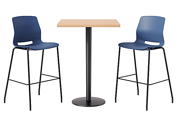 KFI Studios Proof Bistro Square Pedestal Table With Imme Bar Stools, Includes 2 Stools, 43-1/2”H x 30”W x 30”D, Maple Top/Black Base/Navy Chairs