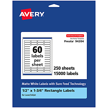 Avery® Permanent Labels With Sure Feed®, 94204-WMP250, Rectangle, 1/2" x 1-3/4", White, Pack Of 15,000