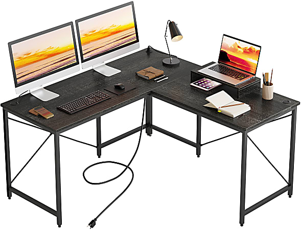 Bestier 60"W L-Shaped Corner Computer Desk With Monitor Stand & 3 Cable Holes, USB Socket, Charcoal