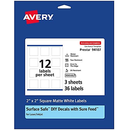 Avery® Durable Removable Labels With Sure Feed®, 94107-DRF3, Square, 2" x 2", White, Pack Of 36