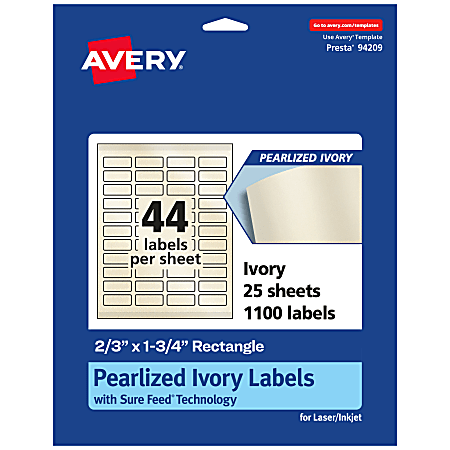 Avery® Pearlized Permanent Labels With Sure Feed®, 94209-PIP25, Rectangle, 2/3" x 1-3/4", Ivory, Pack Of 1,100 Labels