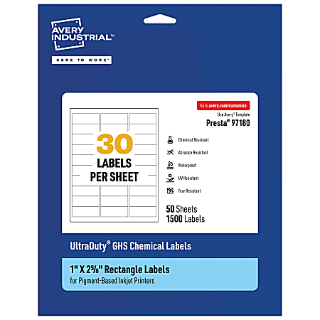 Avery® Ultra Duty® Permanent GHS Chemical Labels, 97180-WMUI50, Rectangle, 1" x 2-5/8", White, Pack Of 1,500