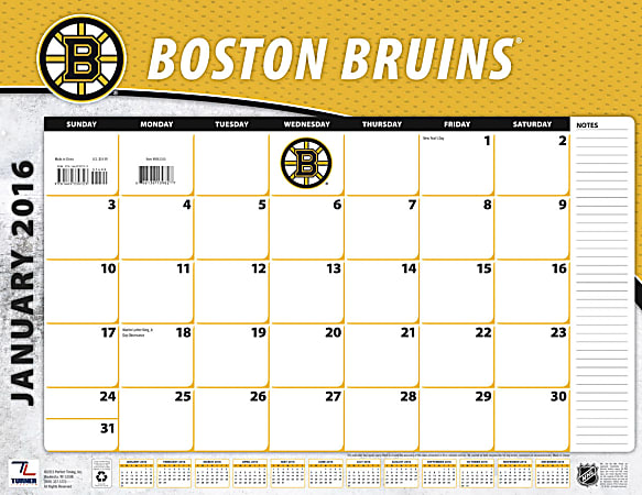 Turner Sports Monthly Desk Calendar, 22" x 17", Boston Bruins, January-December 2016