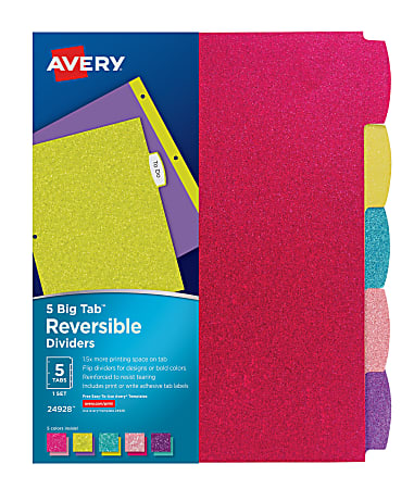 Avery® Big Tab™ Reversible Fashion Dividers, 8 1/2" x 11", 5 Tab, Multicolor Glitter, 1 Set