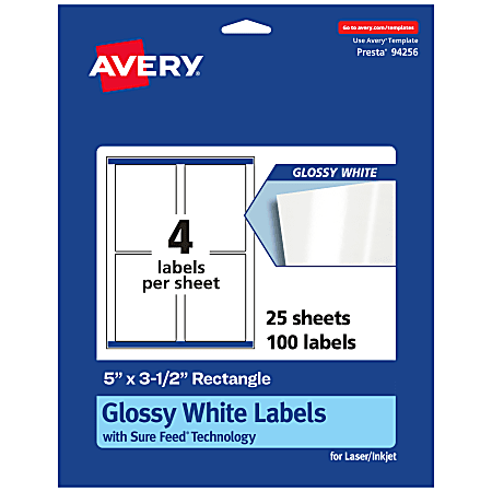 Avery® Glossy Permanent Labels With Sure Feed®, 94256-WGP25, Rectangle, 5" x 3-1/2", White, Pack Of 100