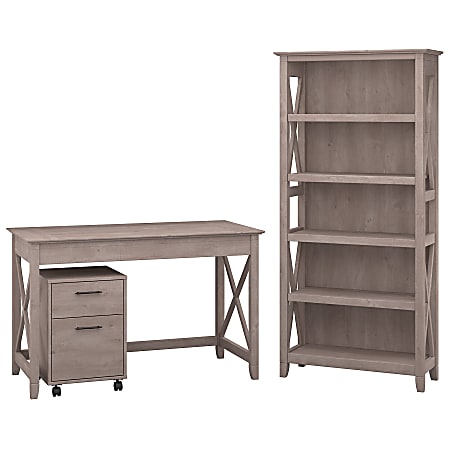 Bush Furniture Key West 48"W Writing Desk With 2 Drawer Mobile File Cabinet And 5 Shelf Bookcase, Washed Gray, Standard Delivery
