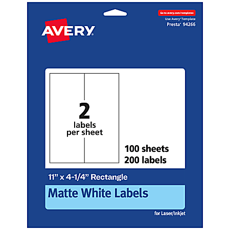 Avery® Permanent Labels, 94266-WMP100, Rectangle, 11" x 4-1/4", White, Pack Of 200