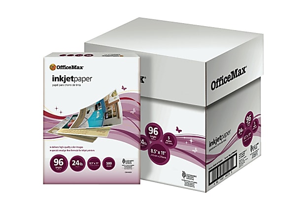 OfficeMax® Inkjet Paper, Letter Size (8 1/2" x 11"), 24 Lb, 96 (U.S.) Brightness, White, 500 Sheets Per Ream, Case Of 5 Reams