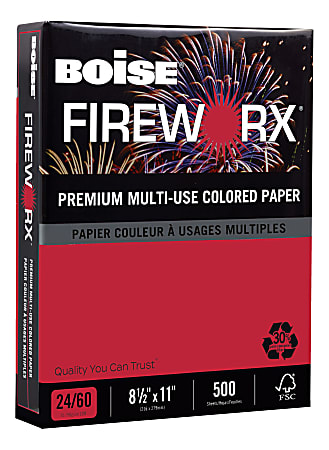 Boise® FIREWORX® Multi-Use Color Paper, Letter Size (8 1/2" x 11"), 24 Lb, FSC® Certified, 30% Recycled, Roman Candle Red, Ream Of 500 Sheets