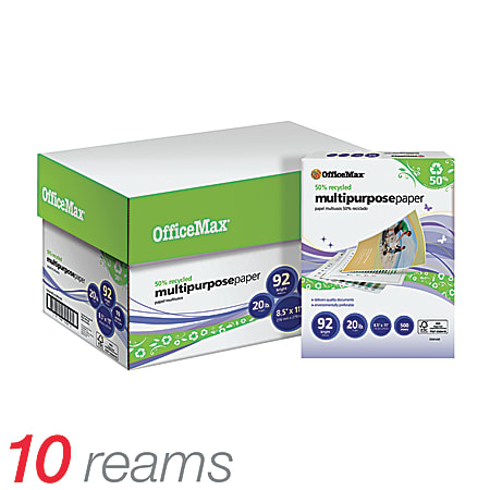 OfficeMax® Multipurpose Paper, Letter Size Paper, 20-Lb, 50% Recycled, 500 Sheets Per Ream, Case Of 10 Reams