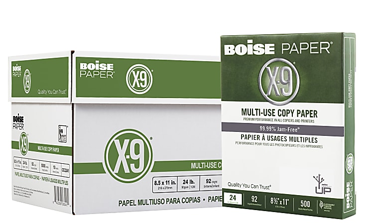 Boise® X-9® Multi-Use Printer & Copy Paper, White, Letter (8.5" x 11"), 5000 Sheets Per Case, 24 Lb, 92 Brightness, SFI® Certified, Case Of 10 Reams