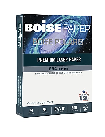 Boise POLARIS® Premium Laser Paper, Letter Size (8 1/2" x 11"), 98 (U.S.) Brightness, 24 Lb, FSC® Certified, White, 500 Sheets Per Ream, Case Of 8 Reams