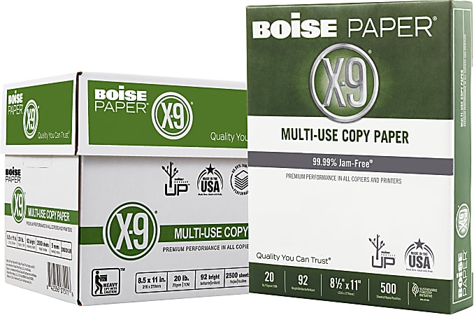 Boise® X-9® Multi-Use Printer & Copy Paper, 5 Reams, White, Letter (8.5" x 11"), 2500 Sheets Per Case, 20 Lb, 92 Brightness
