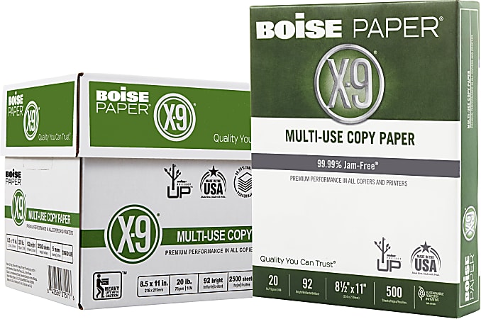 Boise® X-9® Multi-Use Printer & Copier Paper, Letter Size (8 1/2" x 11"), 2500 Total Sheets, 92 (U.S.) Brightness, 20 Lb, White, 500 Sheets Per Ream, Case Of 5 Reams