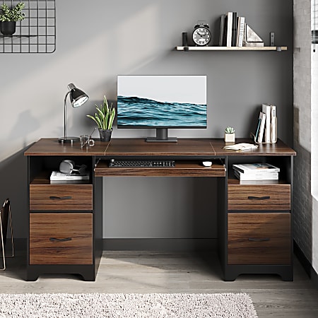 Bestier 59"W Double-Pedestal Executive Computer Desk With Open Storage & Drawer, Cherry