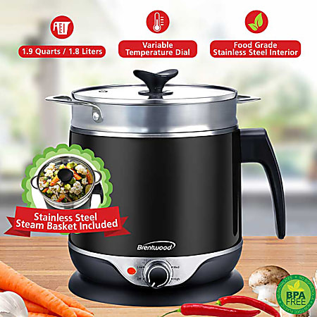 Brentwood Stainless Steel Cordless Electric Hot Pot Cooker And Food Steamer 1.9 Qt Black